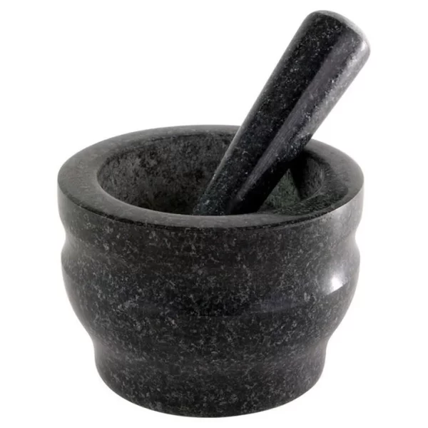 Natural Stone Black Granite Mortar And Pestle Set With Honed Finishing