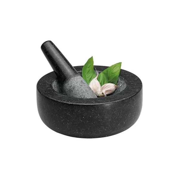 Natural Stone Black Granite Mortar And Pestle Set With Honed Finishing