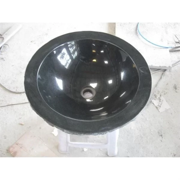 Rough Exterior And Polished Interior Round Black Granite Stone Vessel Sink