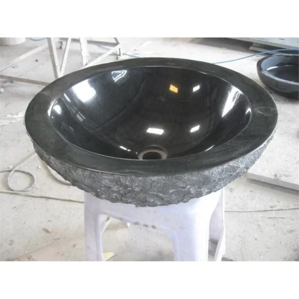 Rough Exterior And Polished Interior Round Black Granite Stone Vessel Sink