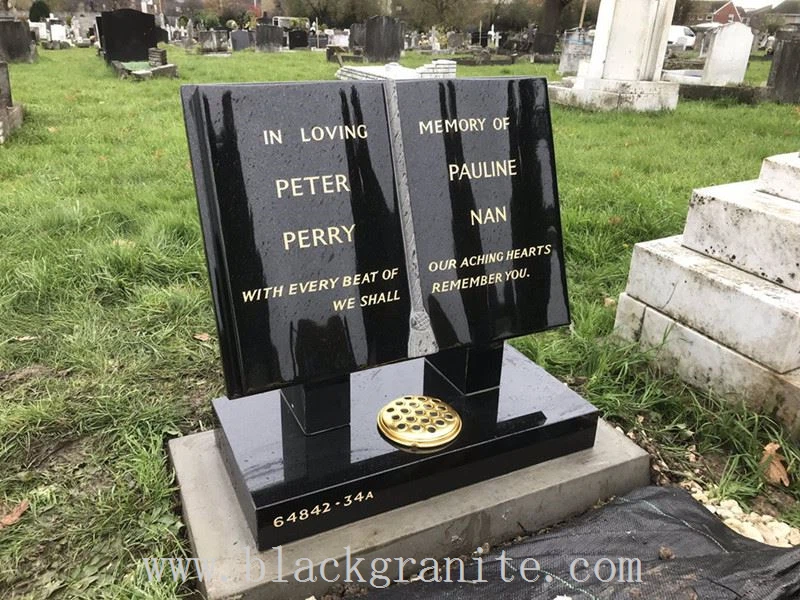 Black Granite Cross Headstone and Gravestone with Gold Lettering