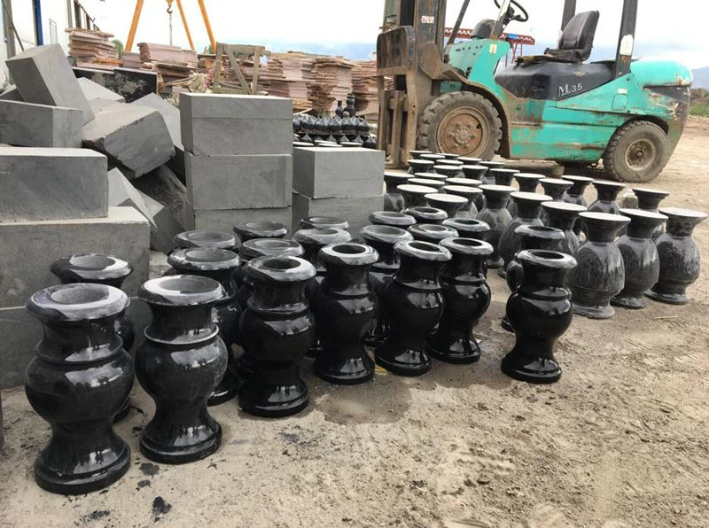 Black Granite Stone Memorial Vase With Flower Carving For Cemetery Graves