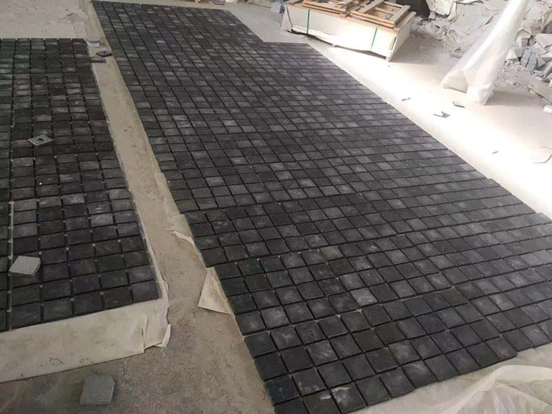 Natural Absolute Black Granite Cobble Stones On Mesh For Outdoor Pavers