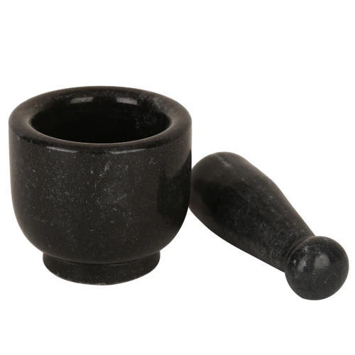 Natural Stone Black Granite Mortar And Pestle Set With Honed Finishing