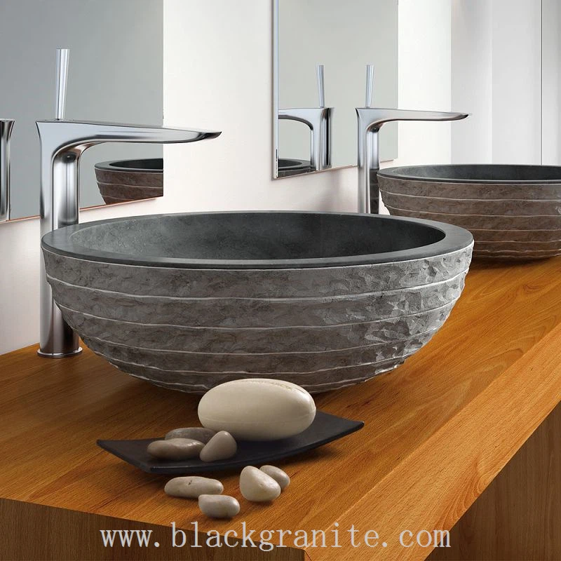 Polished Black Marble and Granite Stone Vessel Sink for Farmhouse