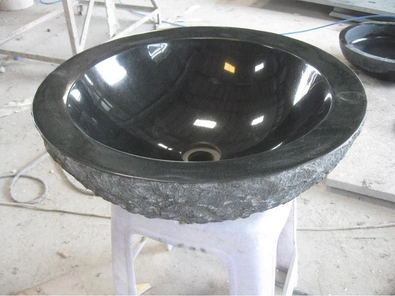 Rough Exterior And Polished Interior Round Black Granite Stone Vessel Sink