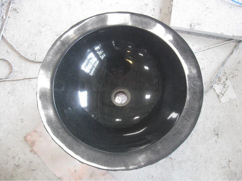 Rough Exterior And Polished Interior Round Black Granite Stone Vessel Sink